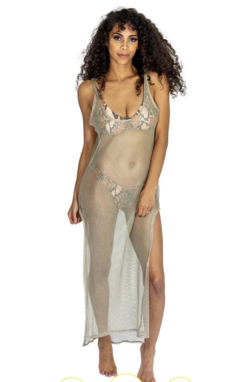 Y2K Metallic Gold Sheer Mesh Maxi Swim Cover Up Scoop Back Side Slits OS Glam